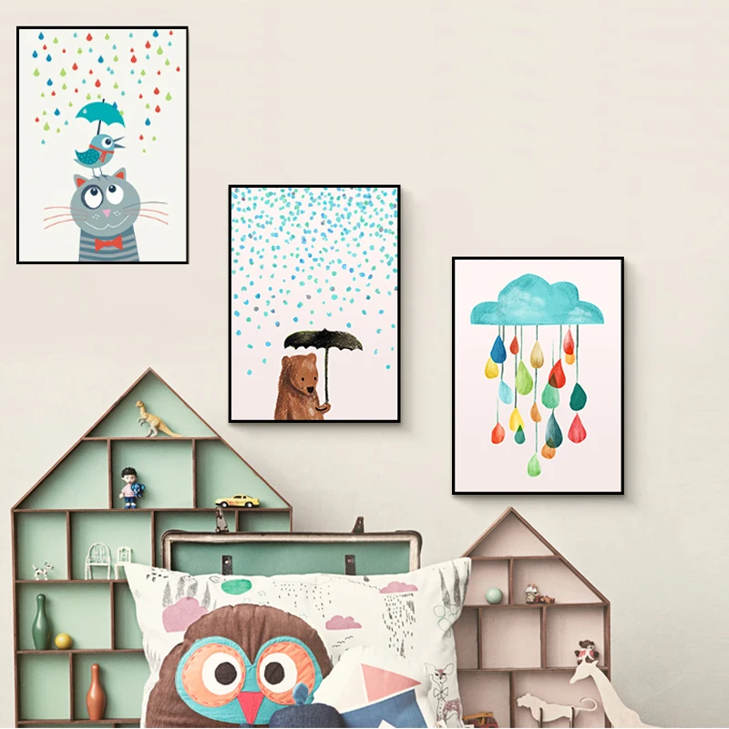 Cartoon Umbrella Bear Cats and Birds Colorful Rain Canvas Painting Nursery Kid Room Animal Wall Picture Pster Scandinavian Decor
Cartoon Umbrella Bear Cats and Birds Colorful Rain Canvas Painting Nursery Kid Room Animal Wall Picture Pster Scandinavian Decor