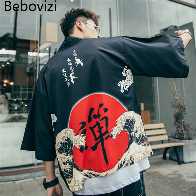 Bebovizi Casual Style Chinese Words Wave Print Cardigan Kimono Jacket Japanese Harajuku Women Men Streetwear Traditional Top 
Bebovizi Casual Style Chinese Words Wave Print Cardigan Kimono Jacket Japanese Harajuku Women Men Streetwear Traditional Top