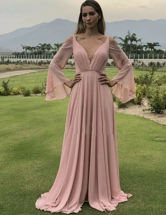 Deep V-Neck A-Line Long Sleeve Dusty Rose Evening Dresses with Pockets Chiffon Floor Length Zipper Formal Party Dress for Women
Deep V-Neck A-Line Long Sleeve Dusty Rose Evening Dresses with Pockets Chiffon Floor Length Zipper Formal Party Dress for Women