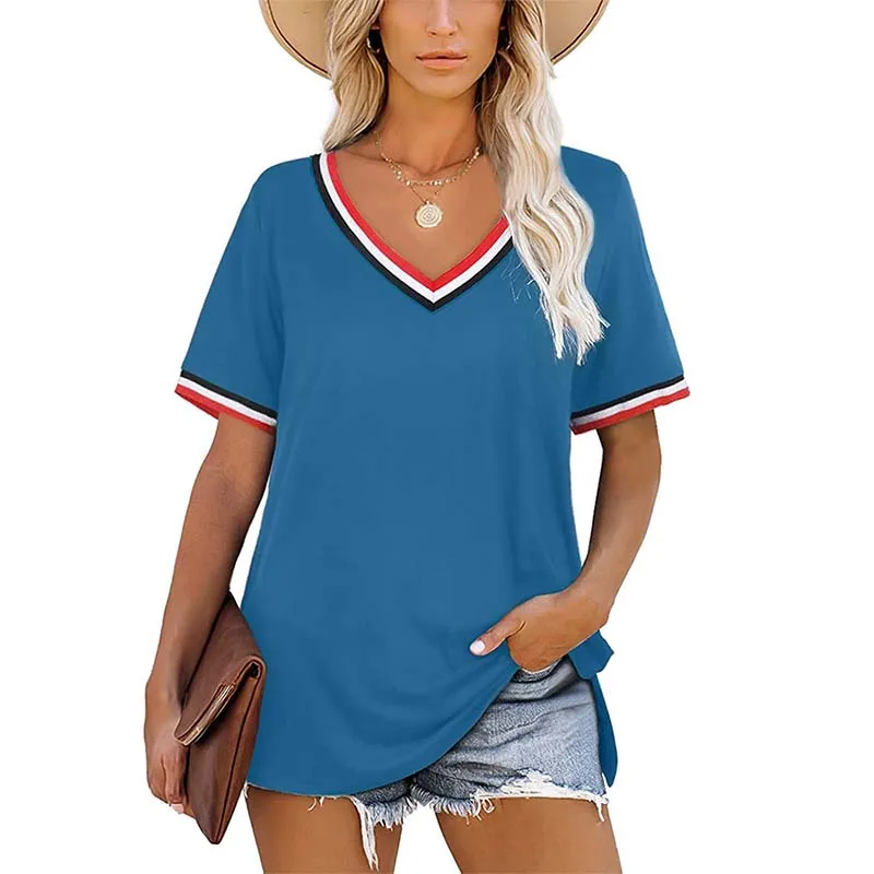 Summer T Shirt Women Clothes Solid Color Short Sleeve Striped Sexy V-neck Tops Loose Patchwork Split Casual Streetwear Tee Shirt
Summer T Shirt Women Clothes Solid Color Short Sleeve Striped Sexy V-neck Tops Loose Patchwork Split Casual Streetwear Tee Shirt