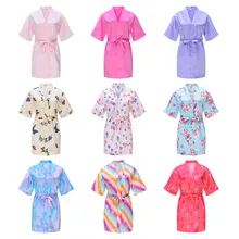 New Solid Girls Stain Silk Robes Flower Girl Kimono Robes Wedding Brief Bathrobes Pajamas Kids Robe+Belt Nightdress Hot Sale