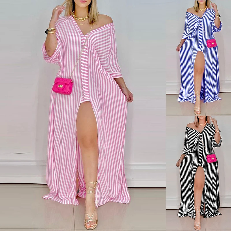 New Striped Button Design Three Quarter Length Sleeve High Slit Maxi Dress Summer Casual Women's Dresses 2021 Elegant Overalls
New Striped Button Design Three Quarter Length Sleeve High Slit Maxi Dress Summer Casual Women's Dresses 2021 Elegant Overalls