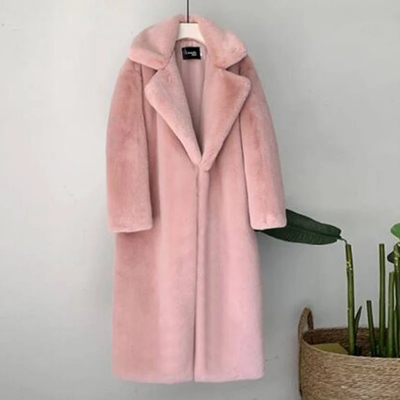 

HJQJLJLS 2021 Winter New Women Warm Faux Rabbit Fur Coat Thick Female Long Jacket Turn Down Collar Loose OverCoat with Belt