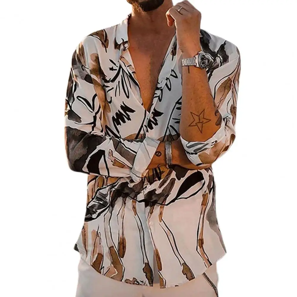 

Рубашка мужская однобортная с длинным рукавом, гавайская пляжная вечерняя блуза с принтом, свободная сорочка с лацканами вечерние на лето