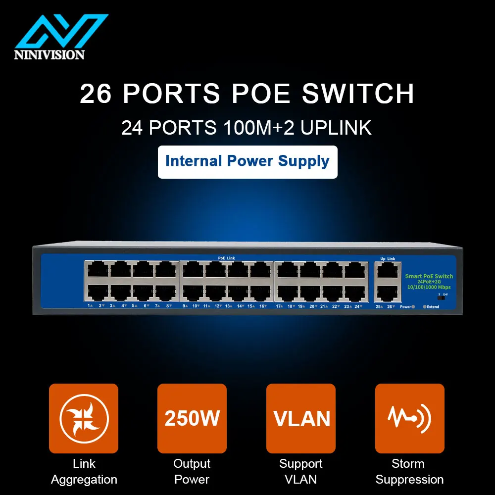 

52V Network POE Switch Ethernet 10/100/1000Mbps 24ports IEEE 802.3af/at Suitable for IP camera/Wireless AP/CCTV camera 250m