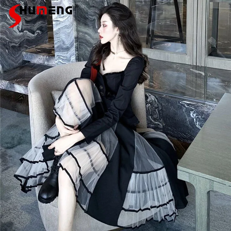 2022 Spring Sexy Square Collar Solid Pleated Long Sleeve Single Breasted Shirt Stitching Gauze Long Mesh Skirt Suit 2 Piece Set
2022 Spring Sexy Square Collar Solid Pleated Long Sleeve Single Breasted Shirt Stitching Gauze Long Mesh Skirt Suit 2 Piece Set