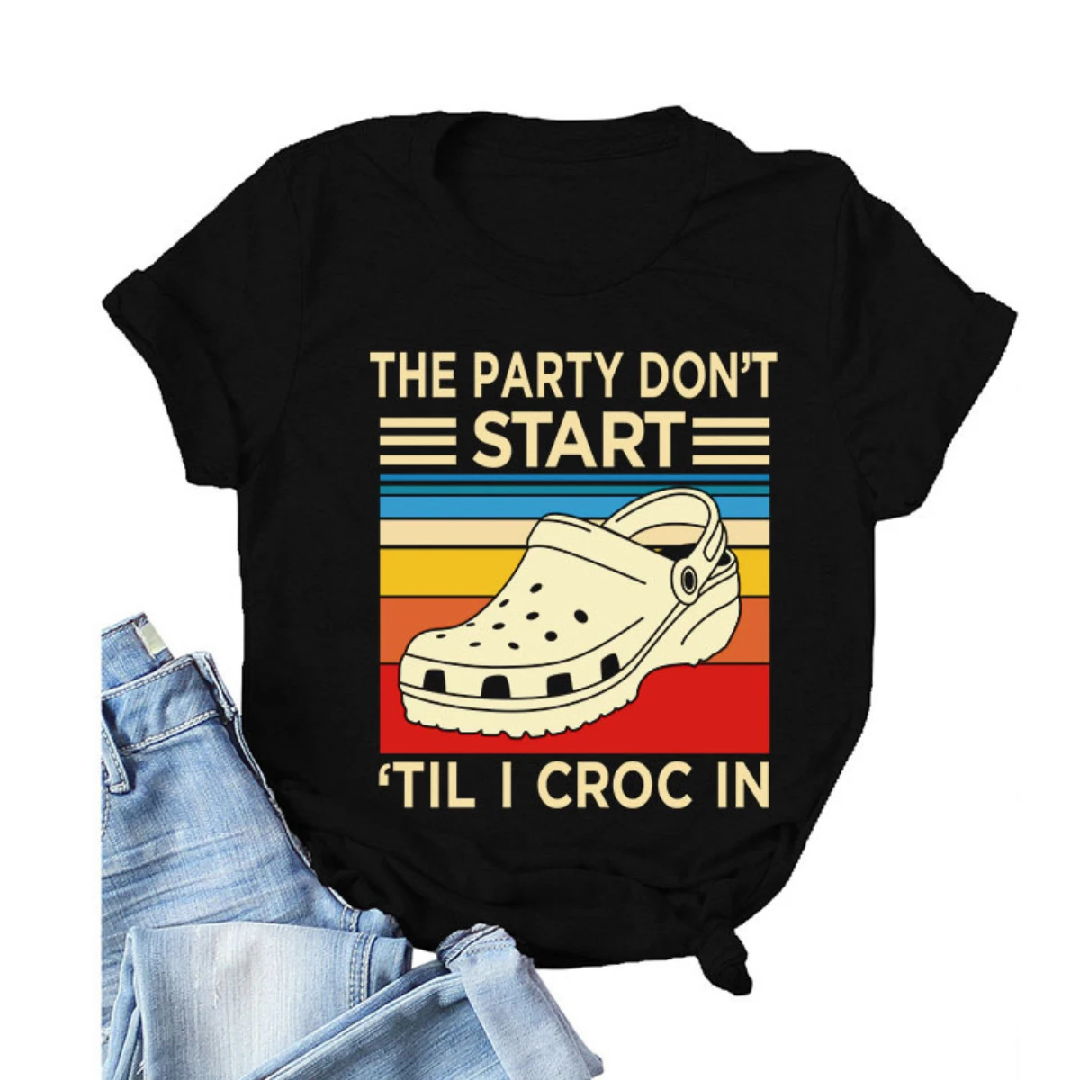 Women Pullover T Shirt The Party Don't Start Till i Croc In Letter slippers printed Casual short-sleeved round neck Shirts Tops
Women Pullover T Shirt The Party Don't Start Till i Croc In Letter slippers printed Casual short-sleeved round neck Shirts Tops