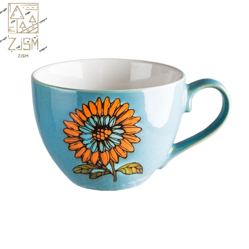 

Ceramic Coffee Mug With Spoon Retro Creativity Hand Painted Rural Flower and Bird Style Home Milk Oatmeal Breakfast Cup
