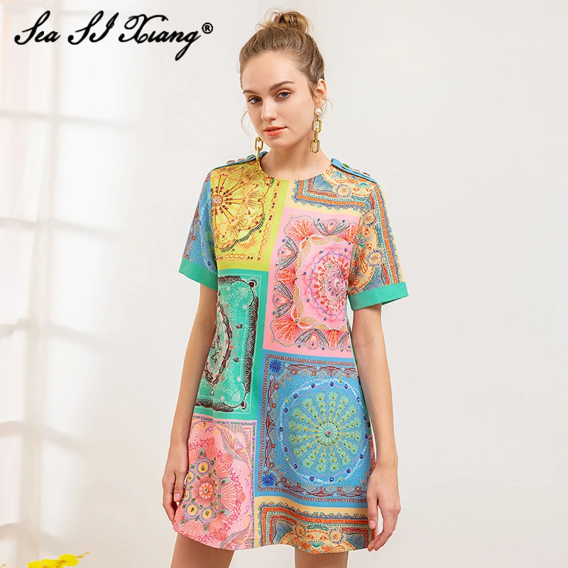 Seasixiang Fashion Designer Summer Mini Dress O-Neck Short Sleeve Beading Crystal Button Epaulet Vintage Print Dresses
Seasixiang Fashion Designer Summer Mini Dress O-Neck Short Sleeve Beading Crystal Button Epaulet Vintage Print Dresses