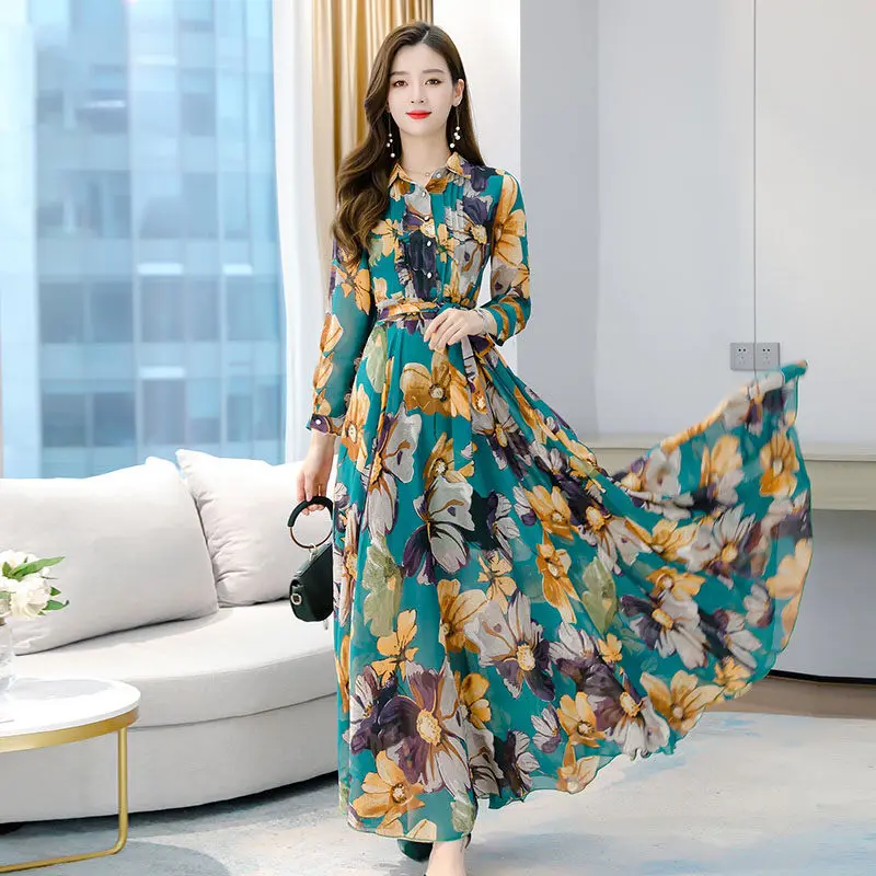 

Платья для женщин 2021 весна осень Новинка Цветочные шифоновые платья с длинным рукавом темпераментные женские богемные платья макси aq004