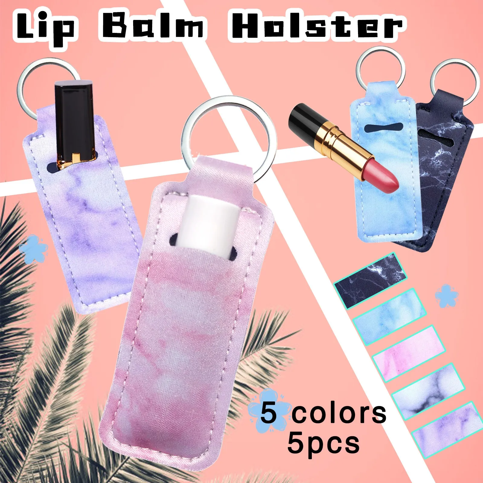

5 Pieces Marbling Colorized Lipstick Chapstick Holder Bag Keychain Jewelry Gifts Accessories Lip Balm Neoprene Lipsticks Pouch 6