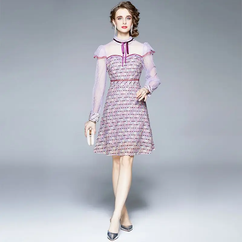 Women's Purple Ribbon Bow Long Sleeve Ruffles Mesh Patchwork Elegant Vestidos Autumn Runway Colorful Plaid Embroidery Dress
Women's Purple Ribbon Bow Long Sleeve Ruffles Mesh Patchwork Elegant Vestidos Autumn Runway Colorful Plaid Embroidery Dress
