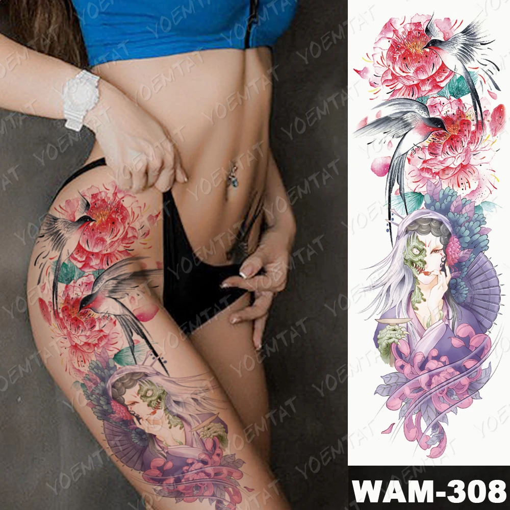 Large Arm Sleeve Tattoo Geisha Beauty Demon Waterproof Temporary Tatto Sticker Buddha Body Art Full Fake Tatoo Women Men | Красота и