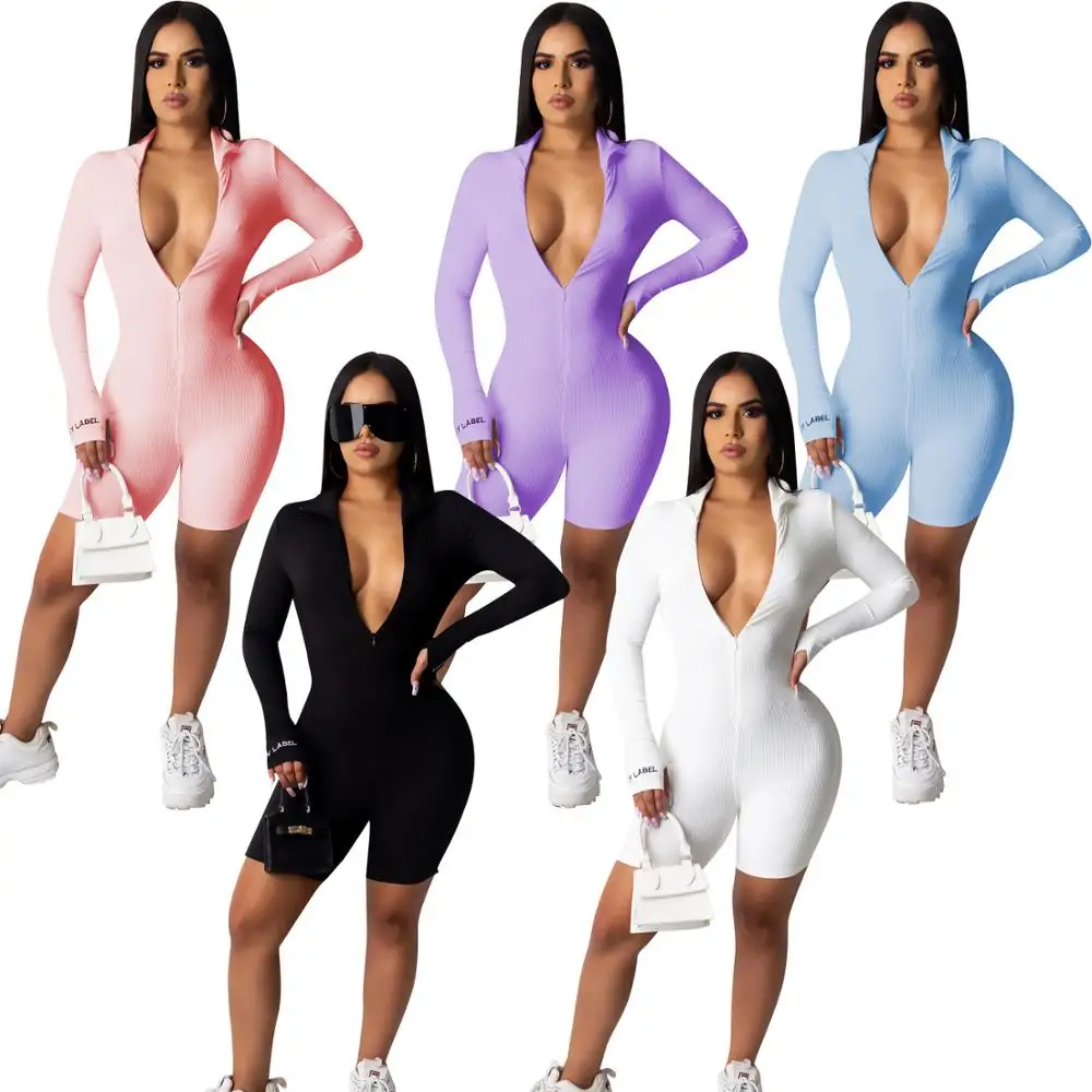 

Solid Ribbed Bodycon Playsuit Sportswear Embroidery Lucky Label Print Long Sleeve Front Zipper Body Rompers Womens Jumpsuit 2021