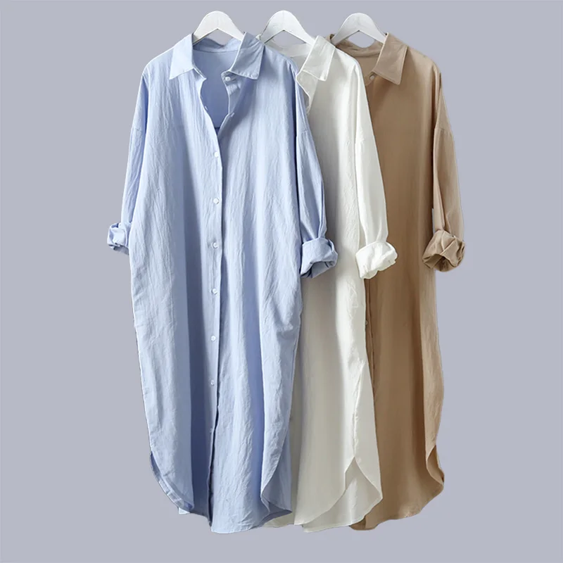 

2022 Cotton Women Blouse Shirt Dress Beach Vacation New Linen Cottons Casual Plus Size Womans Long Section Shirt White/Blue