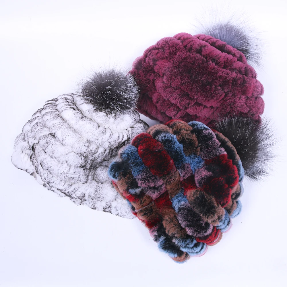 

YCFUR Winter Hats Caps for Women Handmade Knitted Rex Rabbit Fur Hat Beanie with Silver Fox Fur Pompoms Beanies Skullies Female