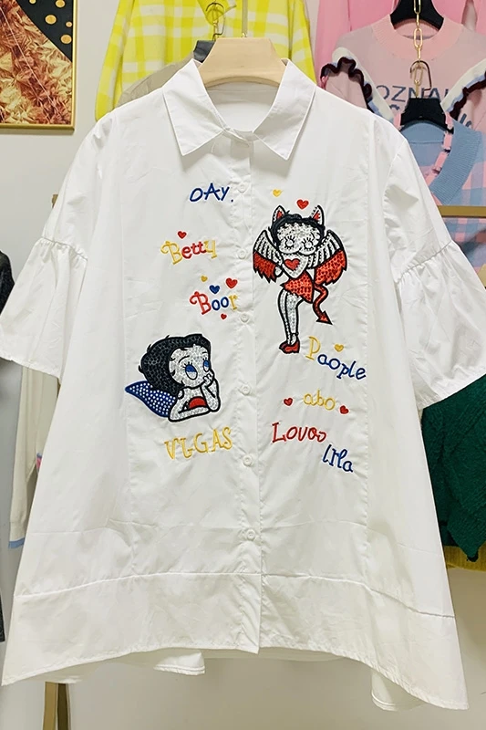 Palace Style Ruffle Sleeve Doll Type Shirt for Women 2021spring and Summer New Letter Embroidered Rhinestone Shirt Blouse
Palace Style Ruffle Sleeve Doll Type Shirt for Women 2021spring and Summer New Letter Embroidered Rhinestone Shirt Blouse