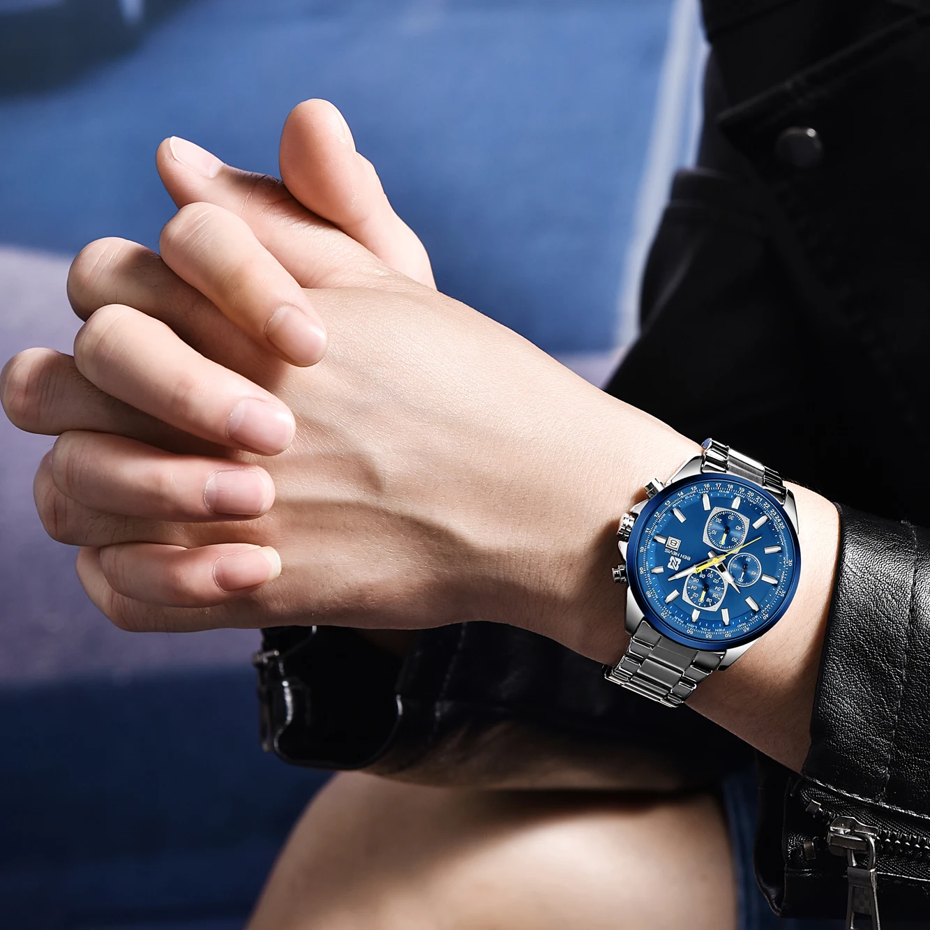 Мужские кварцевые наручные часы Бен-Нерис 2020 модные синие Серебристый браслет из