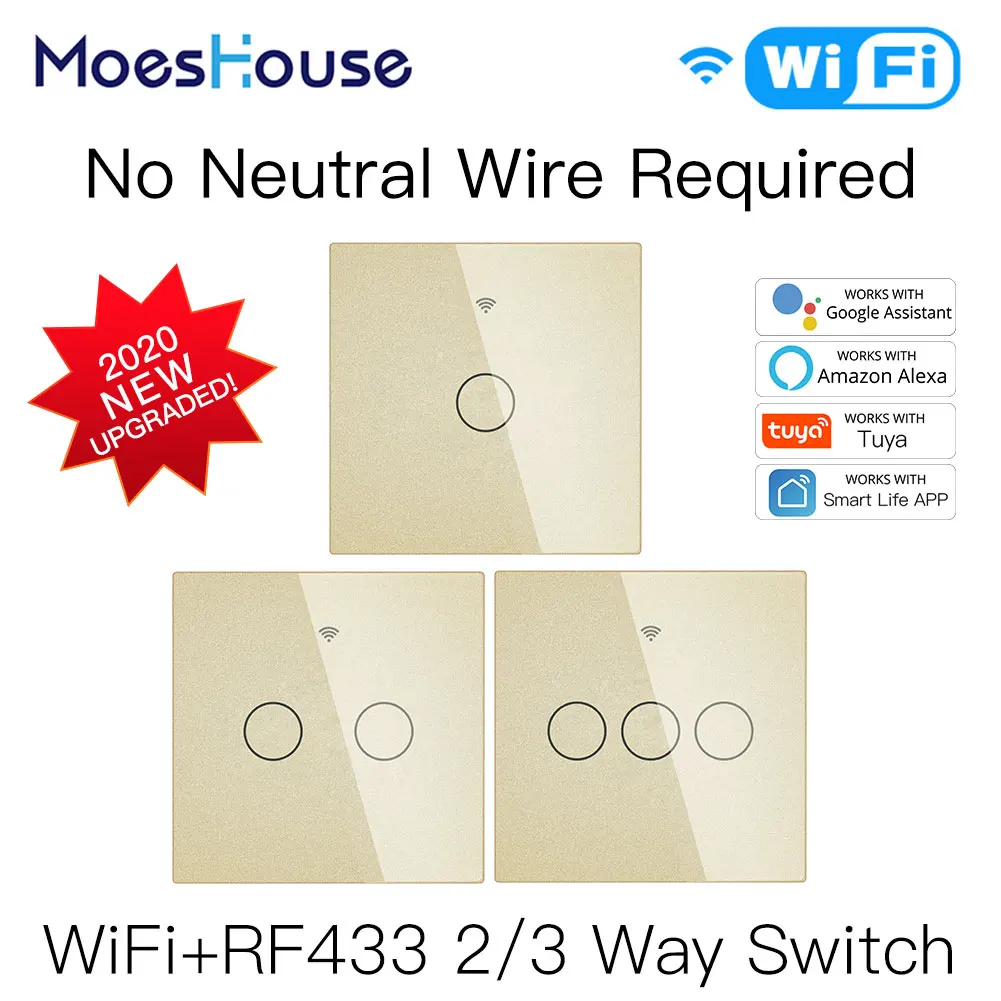 Умный выключатель света RF433 без нейтрального провода, Wi-Fi, управление через приложение Tuya, работает с Alexa, Google Home, 220 В, ЕС 
Умный выключатель света RF433 без нейтрального провода, Wi-Fi, управление через приложение Tuya, работает с Alexa, Google Home, 220 В, ЕС