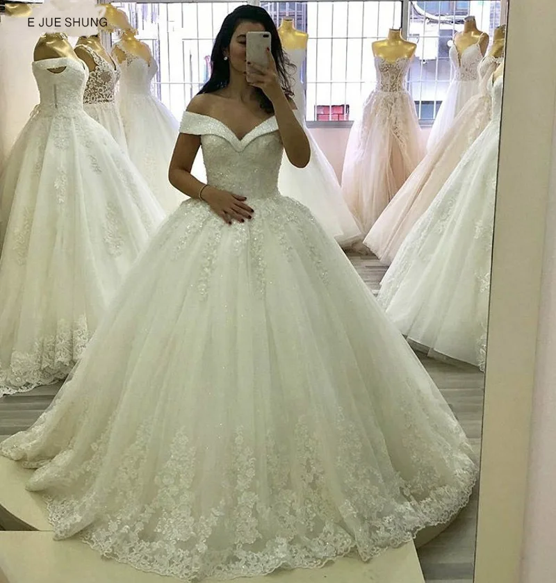 

E JUE SHUNG Lace Appliques Beading Luxury Wedding Dresses off the shoulder Lace Up Back Bridal Gowns vestido de noiva