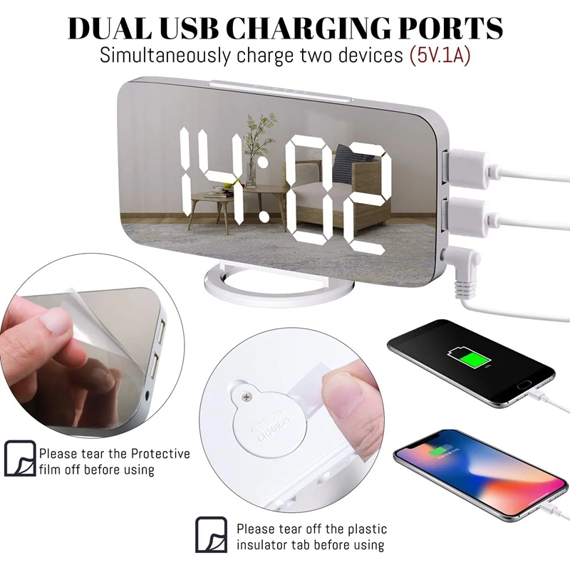 Digital Alarm Clock Large Mirrored LED Display USB Charger Snooze Function Dim Mode Beside Desk Clock for Bedroom
Digital Alarm Clock Large Mirrored LED Display USB Charger Snooze Function Dim Mode Beside Desk Clock for Bedroom