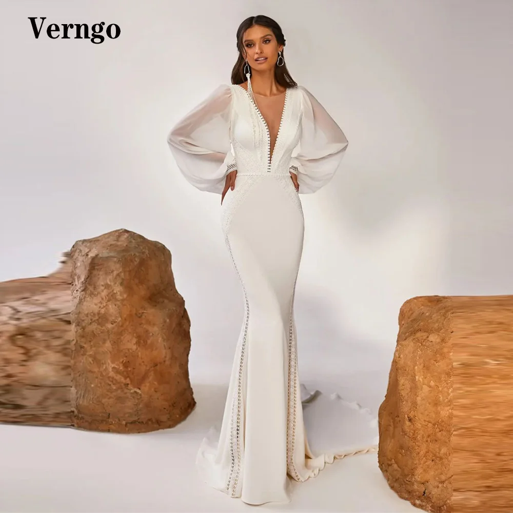 Verngo Graceful Strecth Satin Mermaid Wedding Dresses Puff Long Sleeves Scoop Neck Lace Applique Elegant Women Bridal Gowns 2022
Verngo Graceful Strecth Satin Mermaid Wedding Dresses Puff Long Sleeves Scoop Neck Lace Applique Elegant Women Bridal Gowns 2022