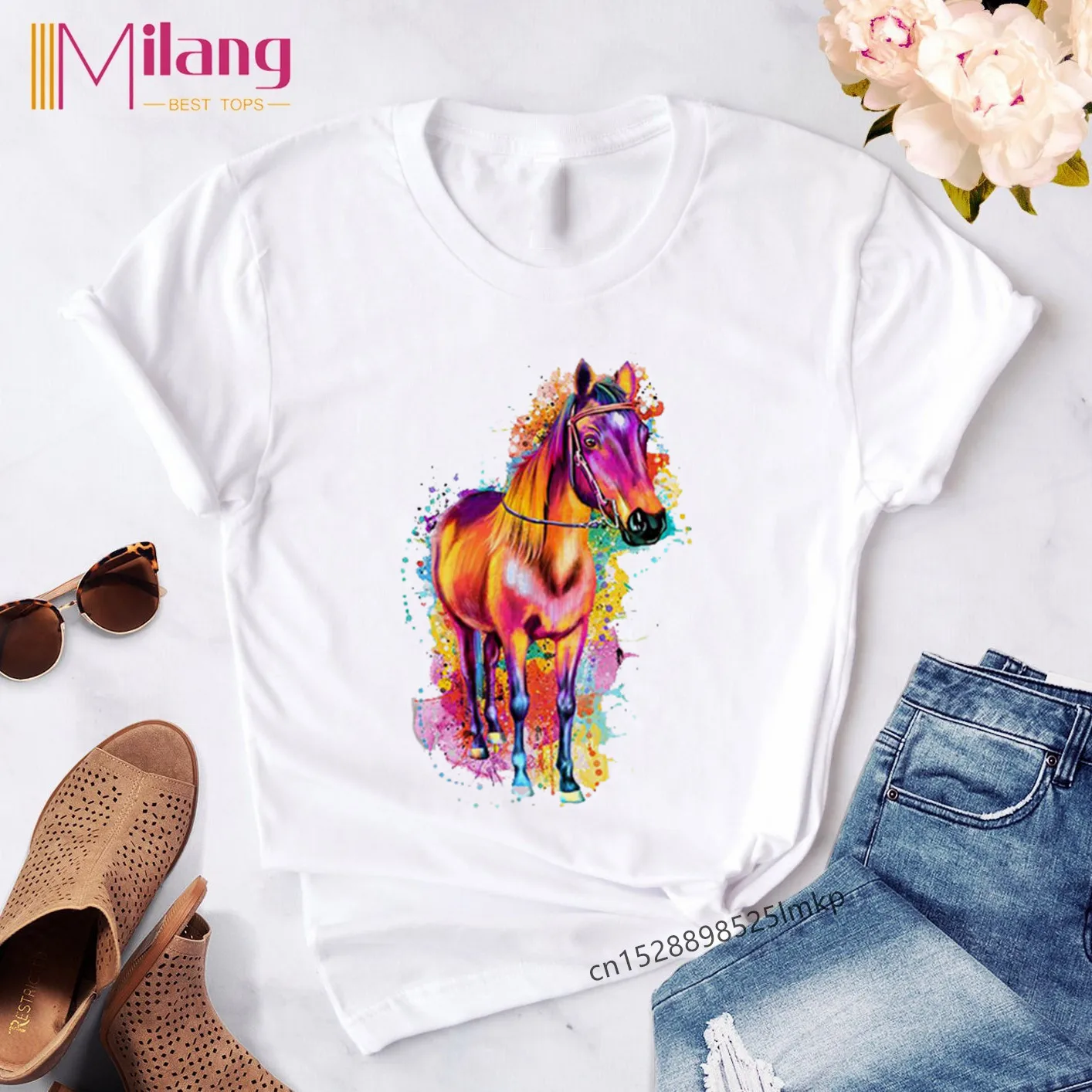

Watercolor Horse Tshirts White Top Shirt Summer Aesthetics Graphic Short Sleeve Polyester T Shirts Female Camisetas Verano Mujer
