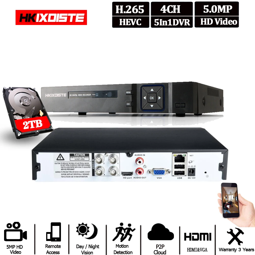 Видеорегистратор H265 + HKIXDISTE 5 Мп 4 МП канала в 1 XMEYE ONVIF Гибридный Wi Fi TVi CVI NVR AHD IP CCTV