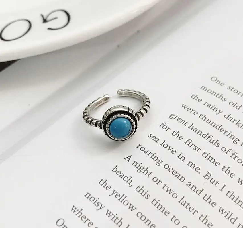 925 Sterling Silver Korean Ring Natural Black Turquoise Pattern Gothic Thai Wedding Set Jewelry Rings for Women | Украшения и