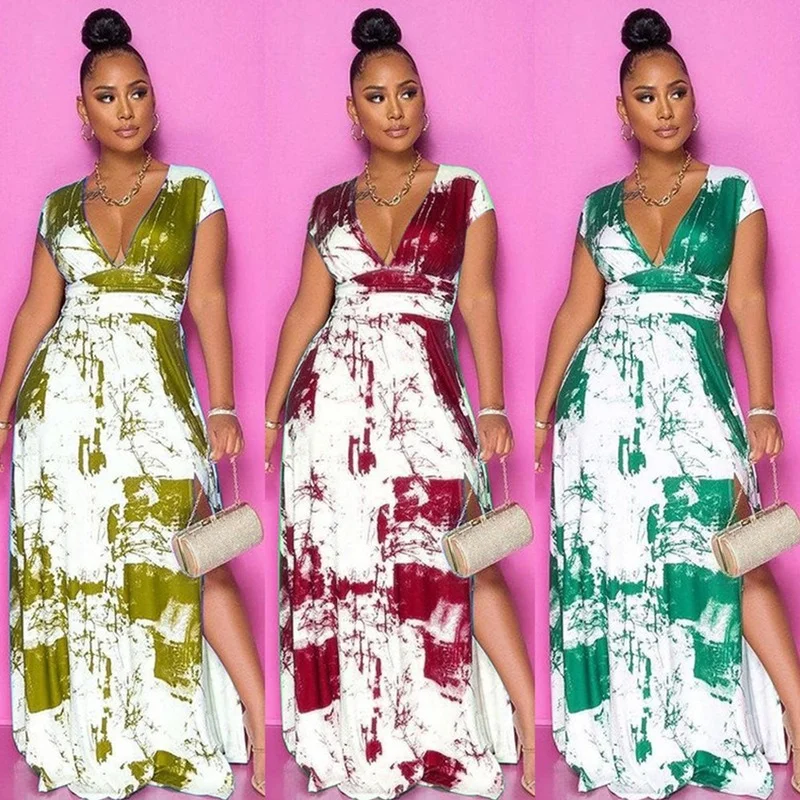 2021 Women's Summer Holiday Dress Tie-dye Deep V-neck Short-sleeved Fitted Flared Retro High-side Slit Ladies Dress New
2021 Women's Summer Holiday Dress Tie-dye Deep V-neck Short-sleeved Fitted Flared Retro High-side Slit Ladies Dress New