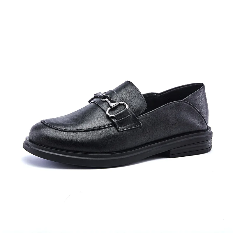 Single shoe women's new fall 2020 top leather women's casual round head square heel middle heel horse buckle Lefu shoes