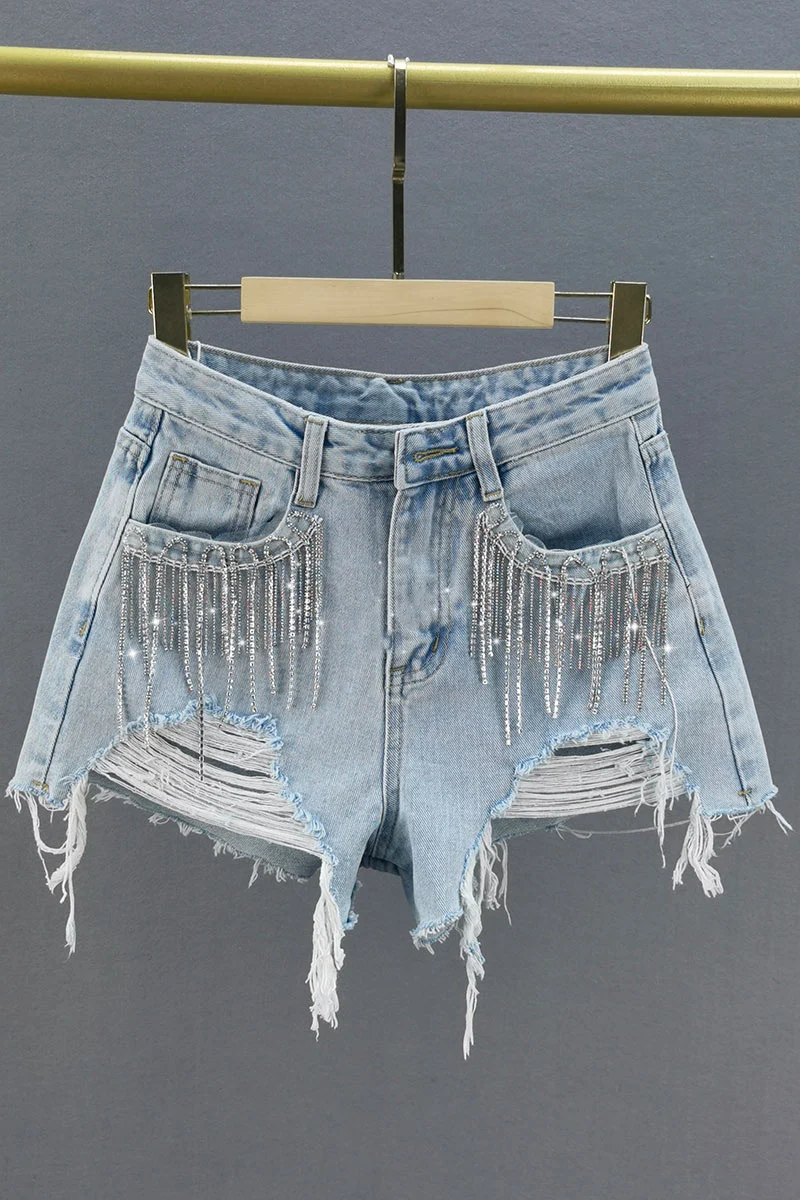 Ripped Tassel Denim Shorts Women's Thin 2021 Summer Loose Slimming High Waist Jeans Lady Diamond Light Blue Hot Pants
Ripped Tassel Denim Shorts Women's Thin 2021 Summer Loose Slimming High Waist Jeans Lady Diamond Light Blue Hot Pants