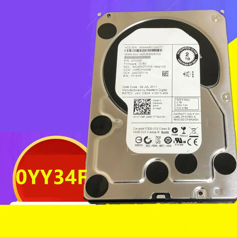 

Almost New Original HDD For Dell 2TB 3.5" SAS 64MB 7200RPM For Internal HDD For Enterprise Class HDD For YY34F 0YY34F WD2000FYYG