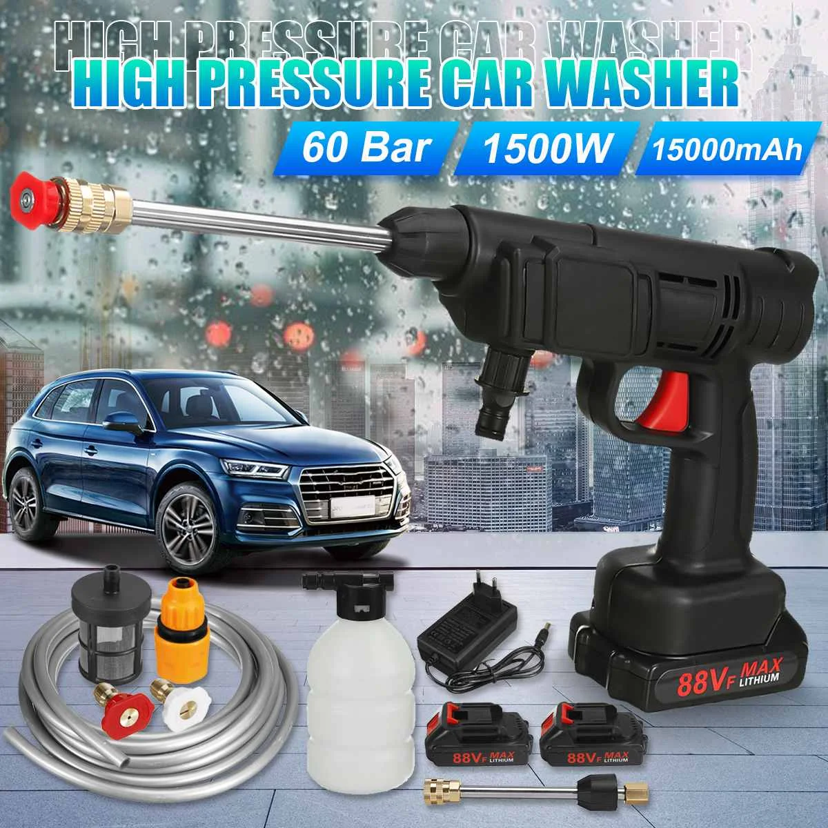 88V 1500W Cordless High Pressure Car Washer Rechargeable Car Wash Gun Electric Water Gun Foam Machine for Makita 18V Battery
88V 1500W Cordless High Pressure Car Washer Rechargeable Car Wash Gun Electric Water Gun Foam Machine for Makita 18V Battery