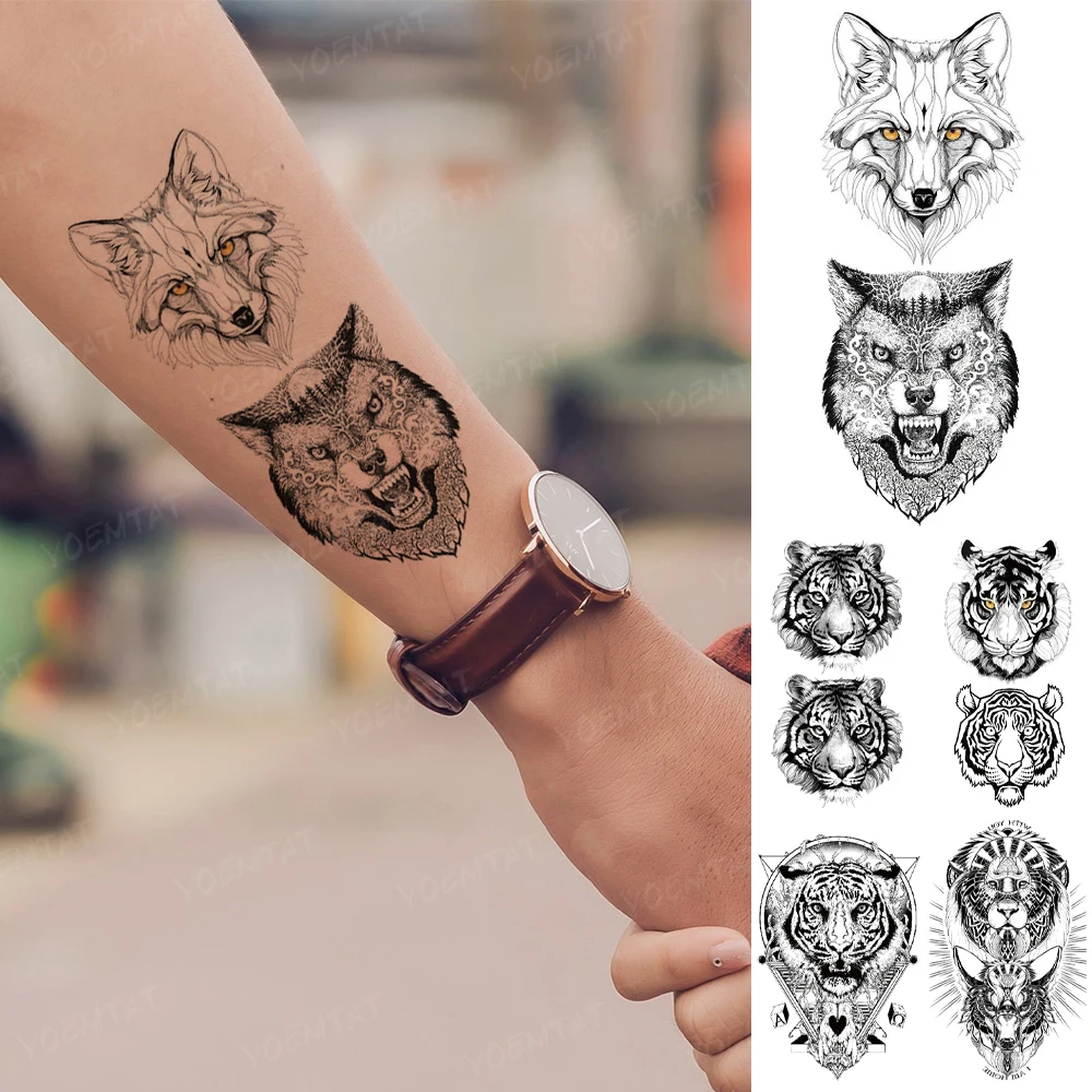 Waterproof Temporary Tattoo Sticker Fox Wolf Head Tiger King Lion Animal Black Tatoo Arm Small Flash Tatto Man Woman Child Tato
Waterproof Temporary Tattoo Sticker Fox Wolf Head Tiger King Lion Animal Black Tatoo Arm Small Flash Tatto Man Woman Child Tato