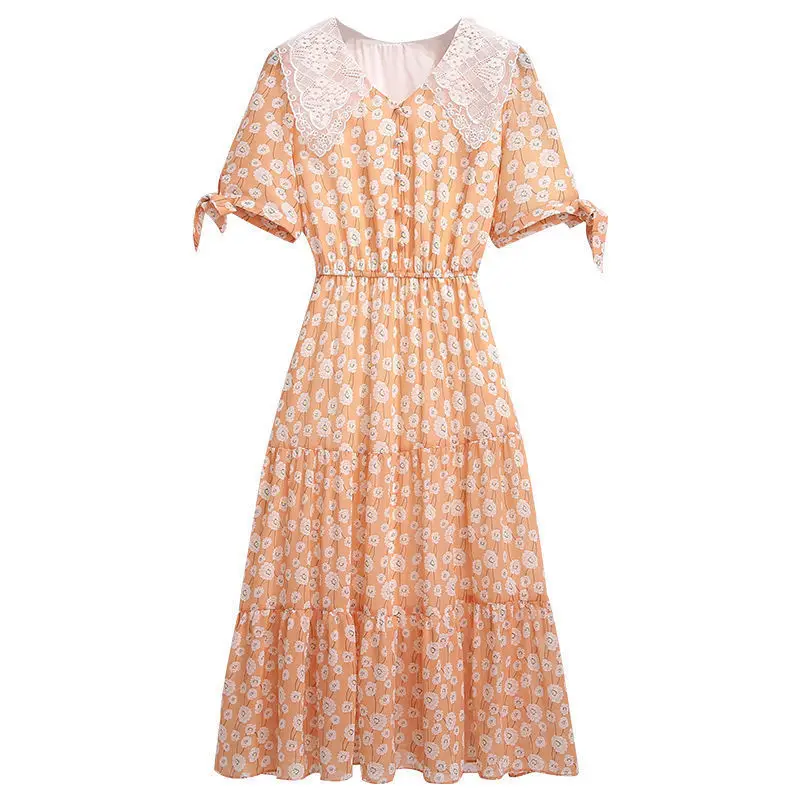 2021 Summer New Mid-length Skirt Plus Size Women's Clothing Lace Lapel Short-sleeved Floral Dress Girl Thin Temperament Skirt
2021 Summer New Mid-length Skirt Plus Size Women's Clothing Lace Lapel Short-sleeved Floral Dress Girl Thin Temperament Skirt