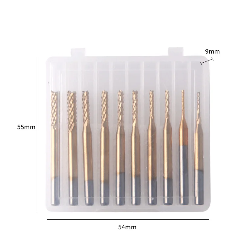 10 Pcs Milling Cutters 1.0-3.0mm Titanium Coated Drill Woodworking Tool Titanium Coated End Mill Cemented Carbide Cutting Bits
10 Pcs Milling Cutters 1.0-3.0mm Titanium Coated Drill Woodworking Tool Titanium Coated End Mill Cemented Carbide Cutting Bits
