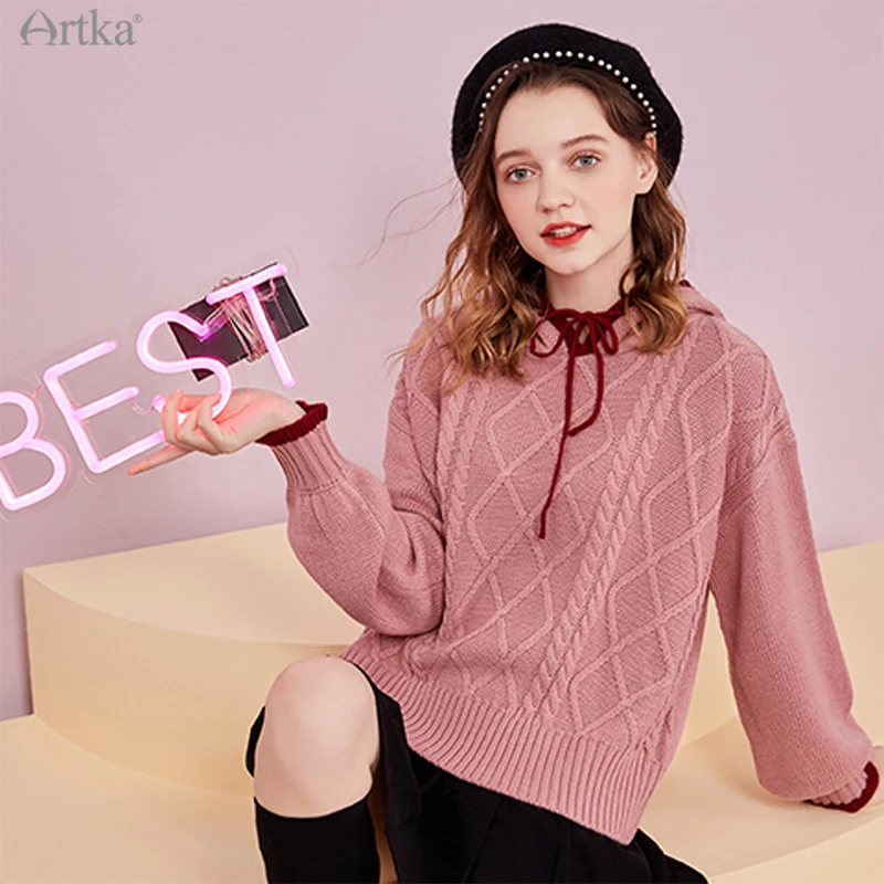 

ARTKA 2020 Autumn Winter New Women Sweater Fashion Casual Soft Wool Knitted Sweater Loose Pullover Hooded Warm Sweater YB25209D