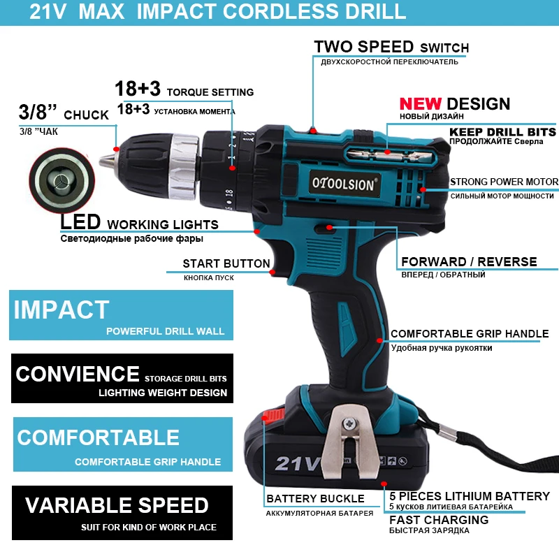 21V прочная беспроводная ударная дрель профессиональная электрическая 1.5Ah