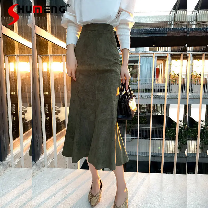 

Женская длинная юбка-годе, облегающая эластичная замшевая юбка-футляр средней длины с высокой талией в стиле ретро, Осень-зима 2021