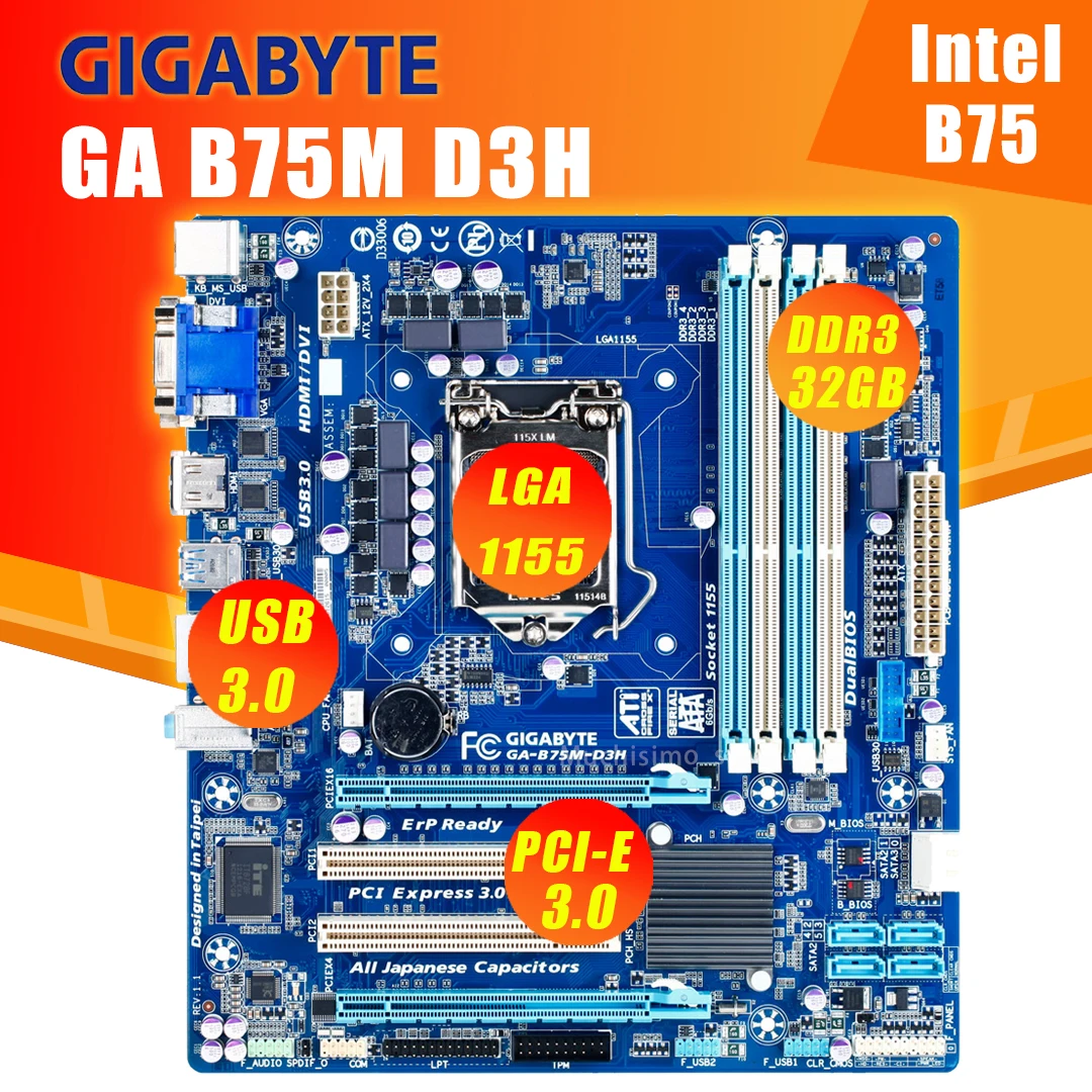 Gigabyte GA B75M D3H 100% оригинальная материнская плата для intel DDR3 LGA 1155 32 Гб PCI E 3 0 USB2.0