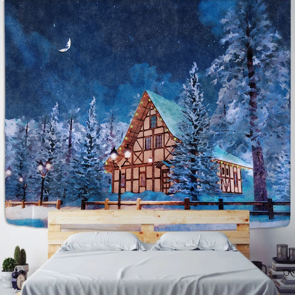 

Christmas Village Wooden House Tapestry Ice And Snow Style Wall Hanging Merry Christmas Tapestry For Home Deco Christmas Gift