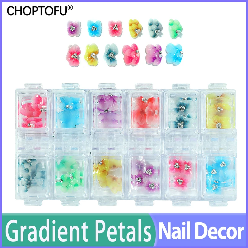 

24/48/144PC/Box 3D Diamond Embellished Nail Art Decoration Gradient Petals False Nails Rhinestone Butterfly Embossed Flower Nail