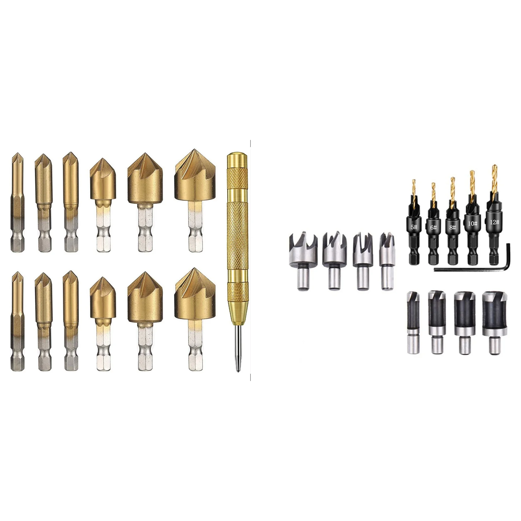13Pc 1/4 Inches Hex Shank 5 Flute Countersink Center Punch Tool With 14Pc Woodworking Screw Drilling Pilot Holes
13Pc 1/4 Inches Hex Shank 5 Flute Countersink Center Punch Tool With 14Pc Woodworking Screw Drilling Pilot Holes