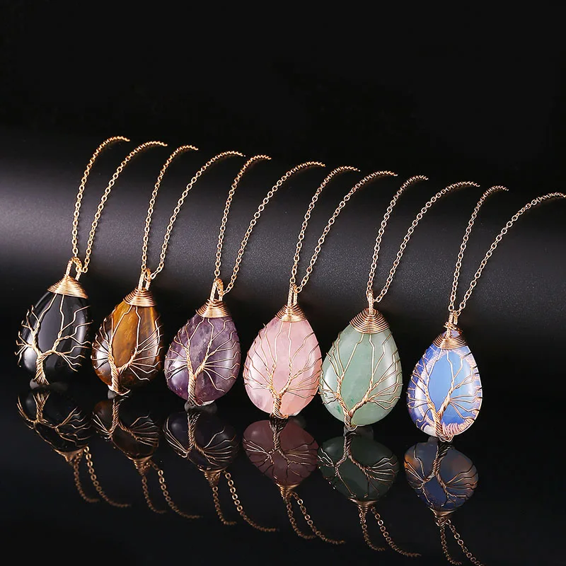 Drop Shaped Natural Stone Necklace Tree of Life Pendant Pink Crystal Amethyst Tiger Eye Green Aventurine Obsidian Opal Necklace
Drop Shaped Natural Stone Necklace Tree of Life Pendant Pink Crystal Amethyst Tiger Eye Green Aventurine Obsidian Opal Necklace