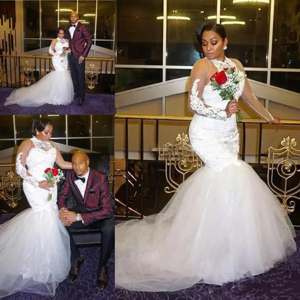 Long Sleeves Wedding Dresses African Plus Size Mermaid Sweep Train Jewel Neck Lace Applique Custom Made Wedding Gown vestido de
Long Sleeves Wedding Dresses African Plus Size Mermaid Sweep Train Jewel Neck Lace Applique Custom Made Wedding Gown vestido de
