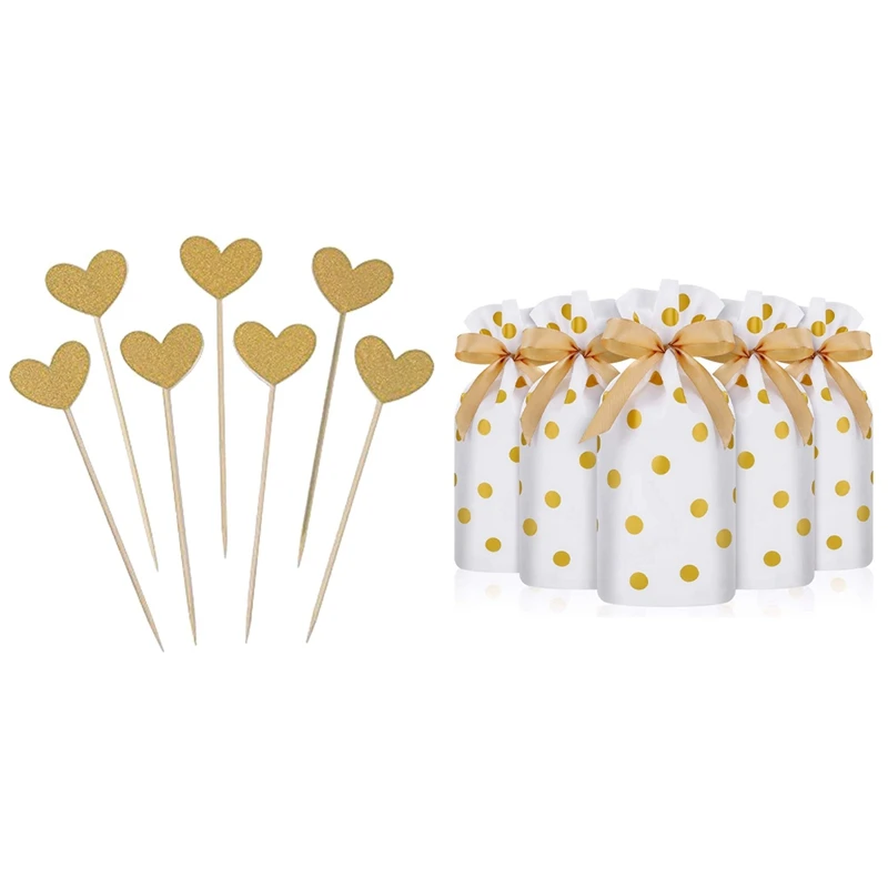 50Pcs Golden Love Heart Cake Dessert Inserted Card Cupcake & 50 Pcs Treat Bags With Drawstring Candy Bags, Favor Bag 
50Pcs Golden Love Heart Cake Dessert Inserted Card Cupcake & 50 Pcs Treat Bags With Drawstring Candy Bags, Favor Bag