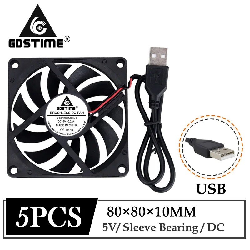 5Pcs Gdstime DC 5V 80mm 80x80x10mm USB Brushless Axial Computer Case Cooling Fan 8cm 80mmx10mm PC CPU Radiator Cooler - купить по