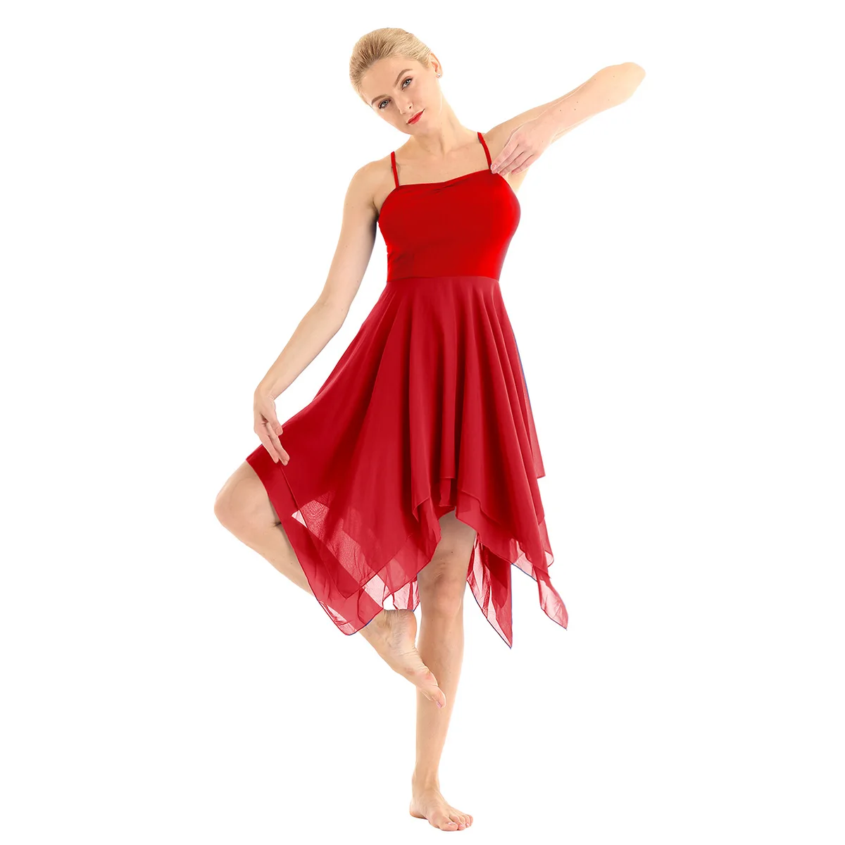 

Womens Adult Ballerina Tutu Dance Dress Spaghetti Strap Sleeveless Asymmetric Chiffon Solid Color Contemporary Dance Dress