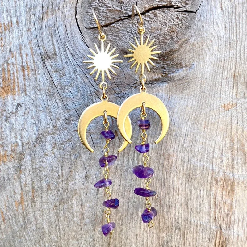Natural Purple Quartz Earrings, Witch Earrings, Sun and Moon Earrings, Celestial Jewelry, Ladies' Charm Accessories 
Natural Purple Quartz Earrings, Witch Earrings, Sun and Moon Earrings, Celestial Jewelry, Ladies' Charm Accessories
